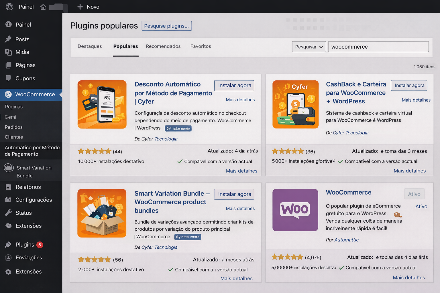 Captura de tela de plugins populares para WooCommerce em ação.