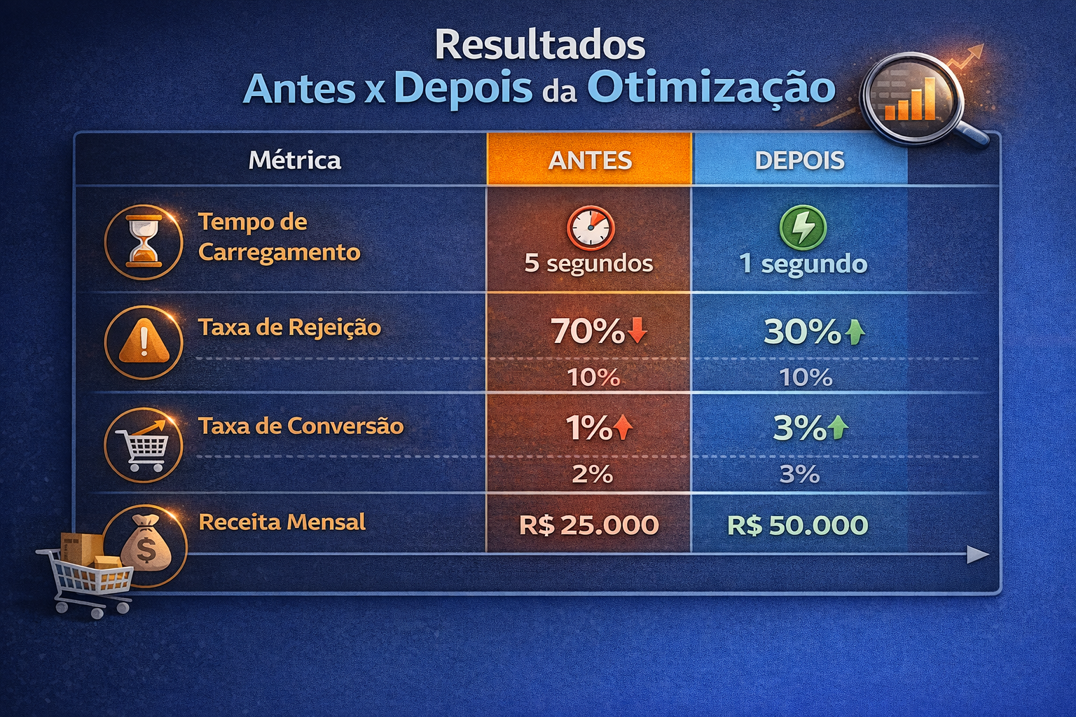 Tabela comparativa mostrando resultados antes e depois da otimização.